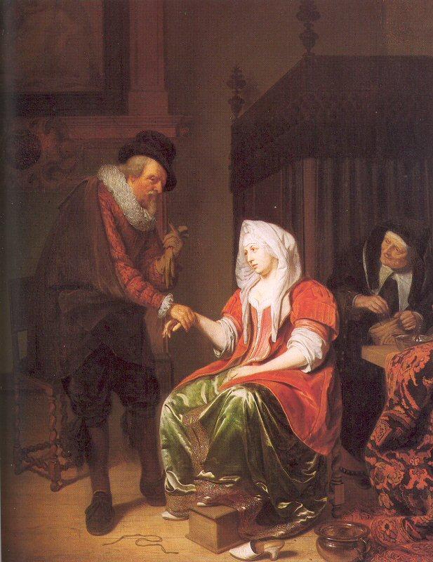 Musscher, Michiel van Doctor Taking a Young Woman's Pulse oil painting image